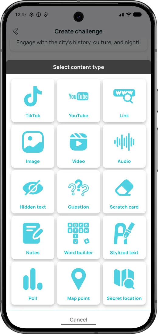 Add photos, videos, polls, hidden clues, secret locations & more